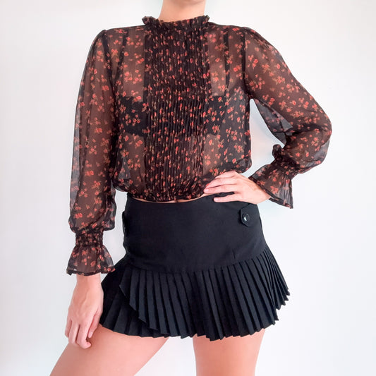 Contemporary Black & Red Floral Chiffon Blouse / SZ M