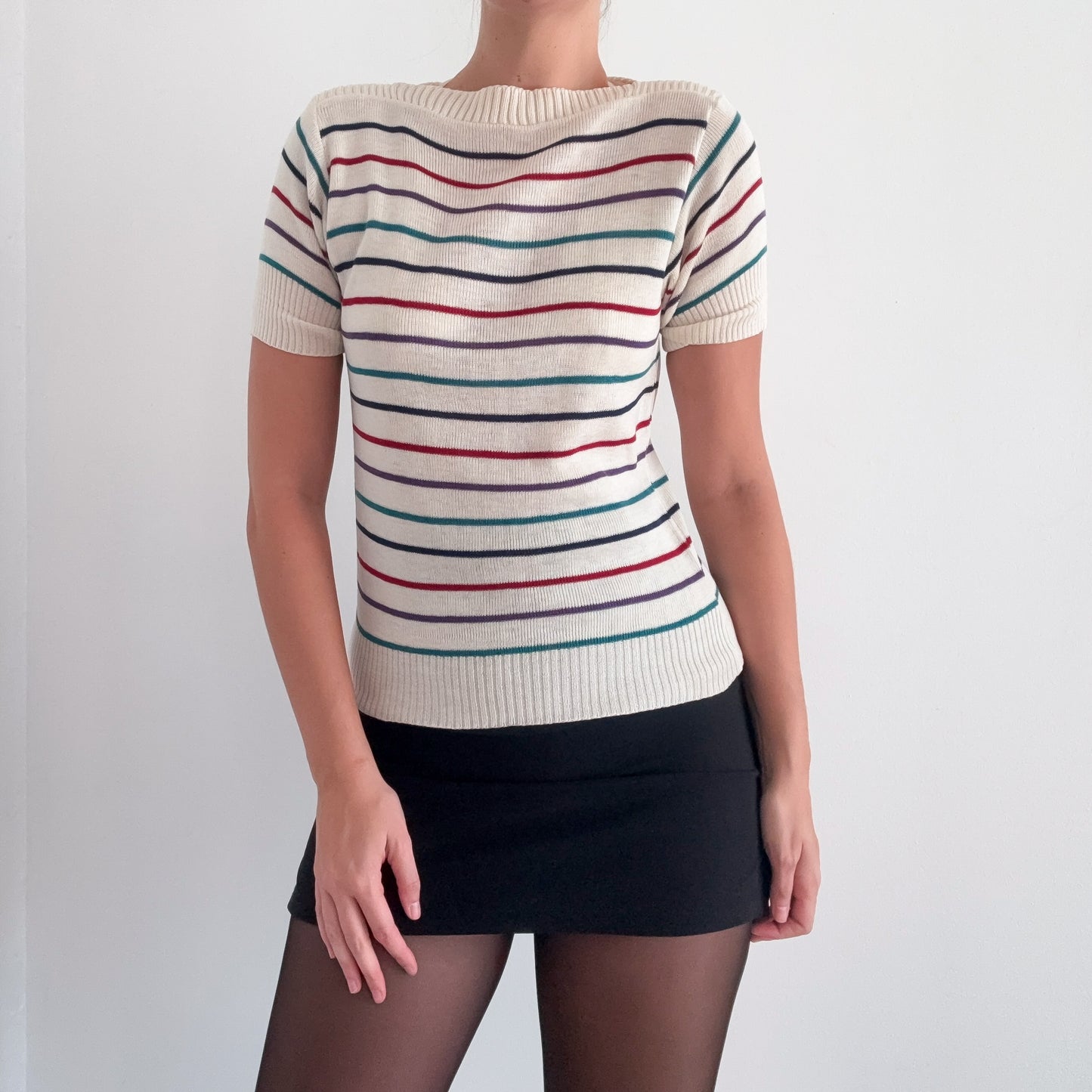 80's Cream Multi Striped Knit Top / SZ S