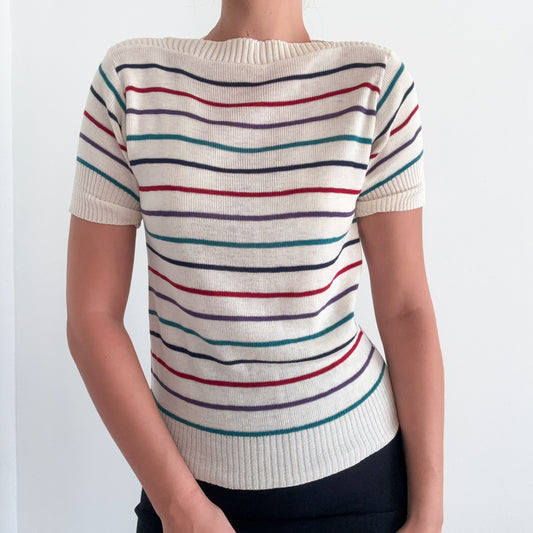 80's Cream Multi Striped Knit Top / SZ S