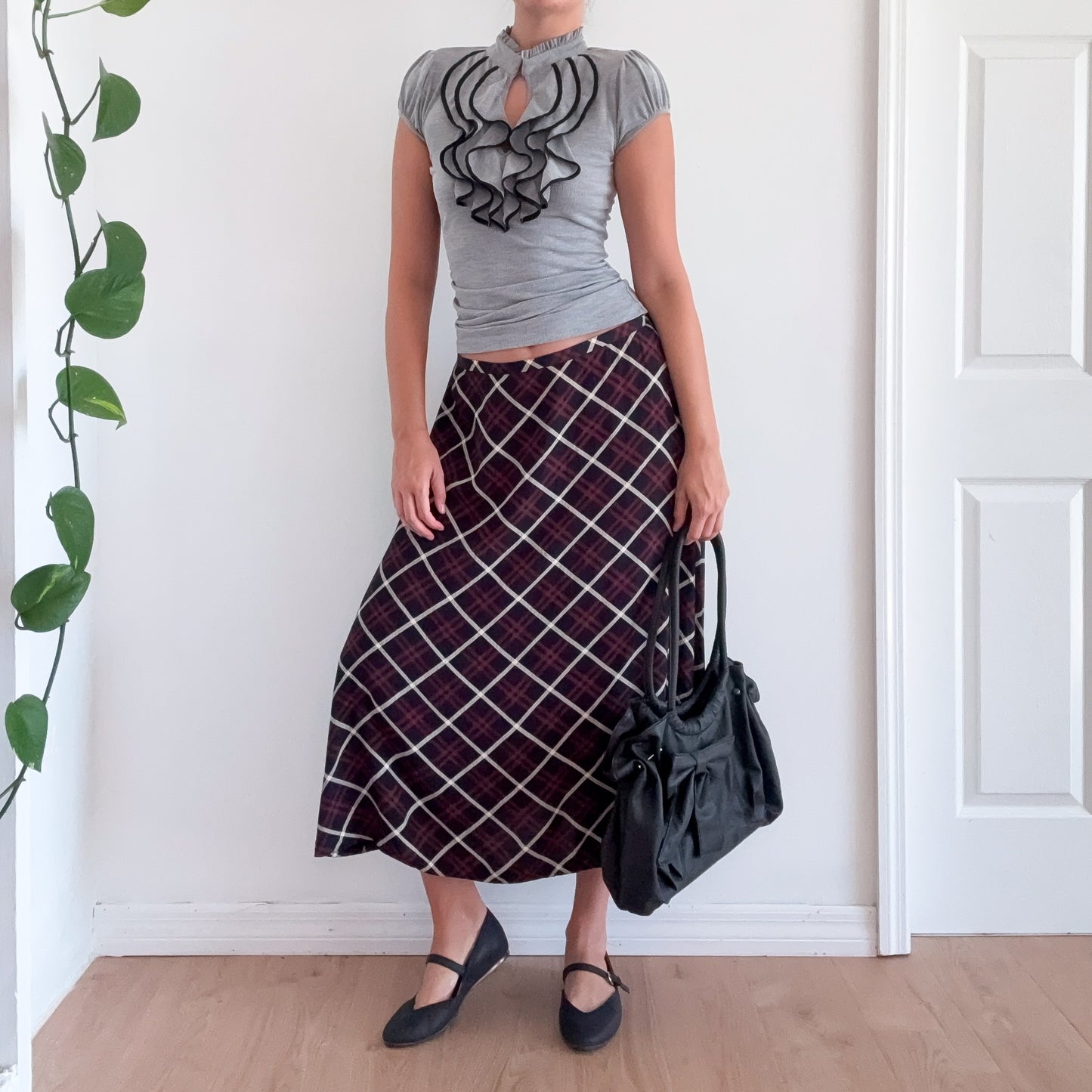 90's Navy & Red Plaid Maxi Skirt / SZ M/L