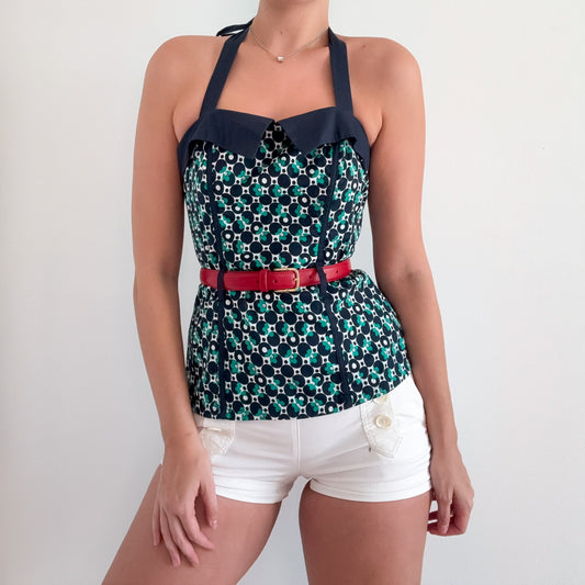 Y2K Navy & Green Printed Halter Top / SZ M