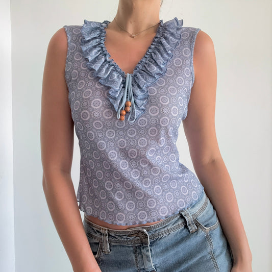 Y2K Blue Printed Mesh Ruffle Top / SZ M