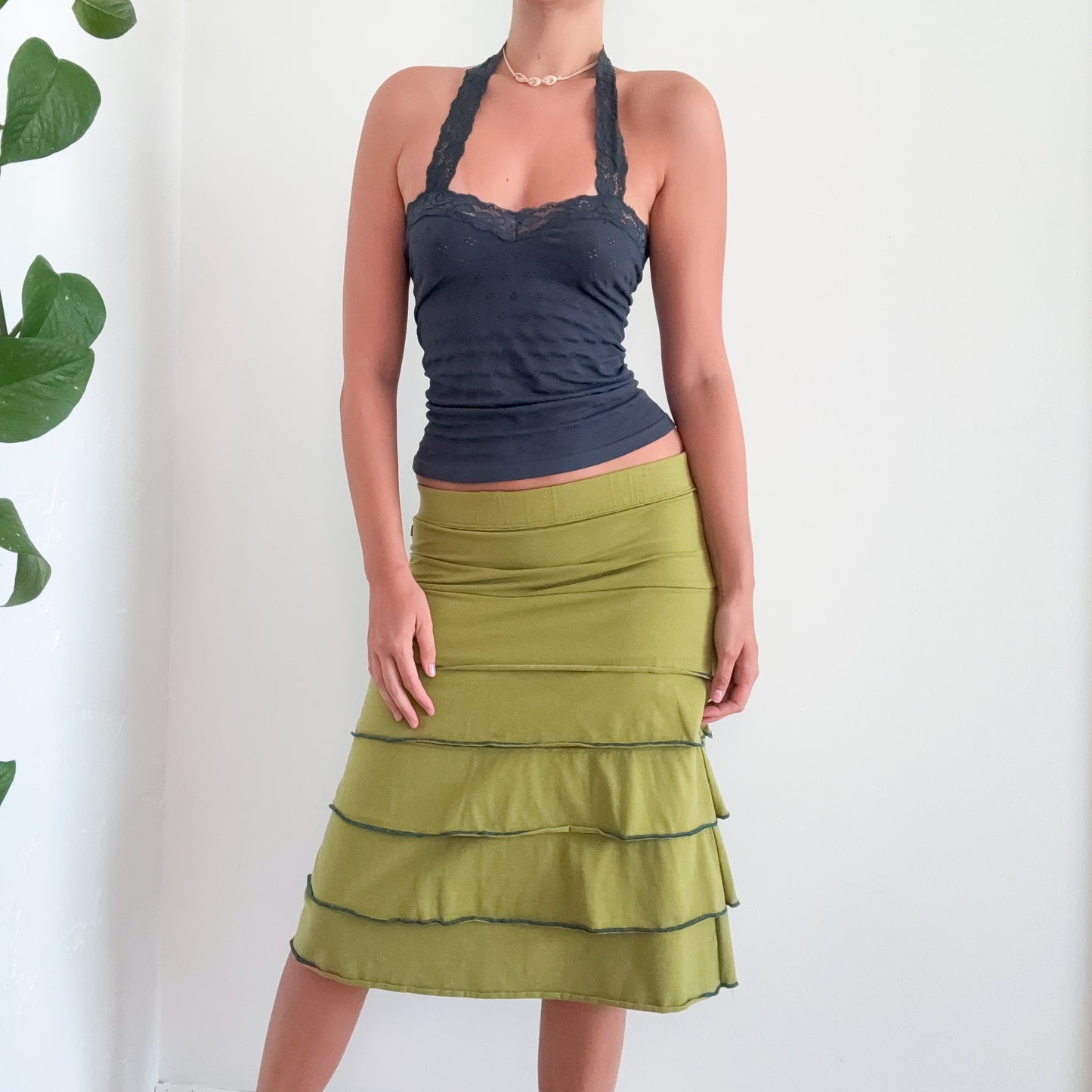 Y2K Avocado Green Tiered Midi Skirt / SZ S