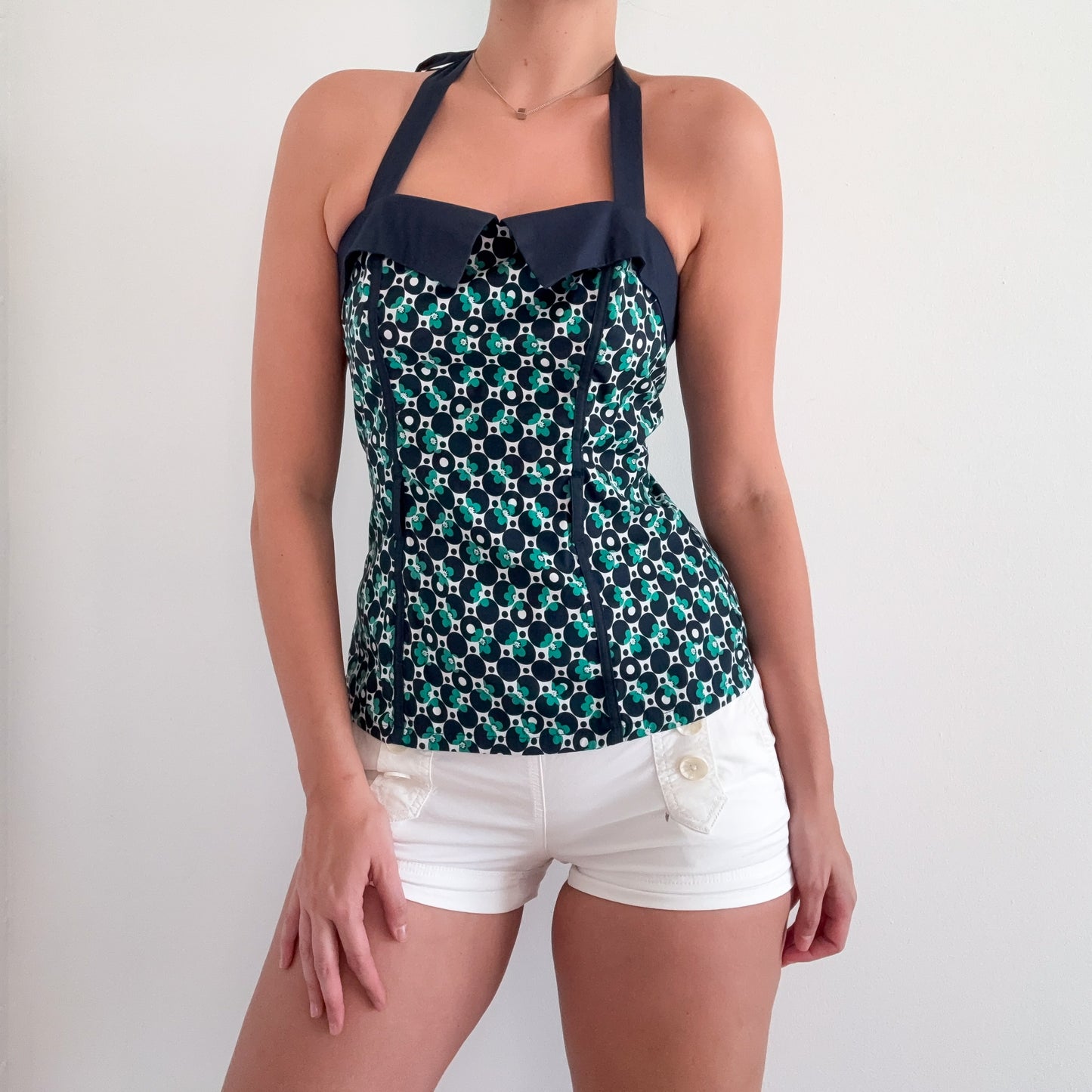 Y2K Navy & Green Printed Halter Top / SZ M