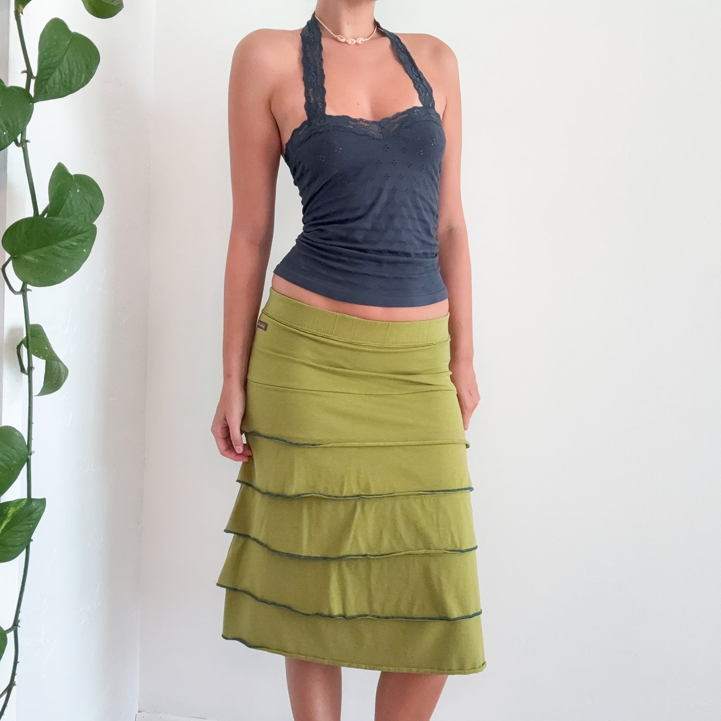 Y2K Avocado Green Tiered Midi Skirt / SZ S