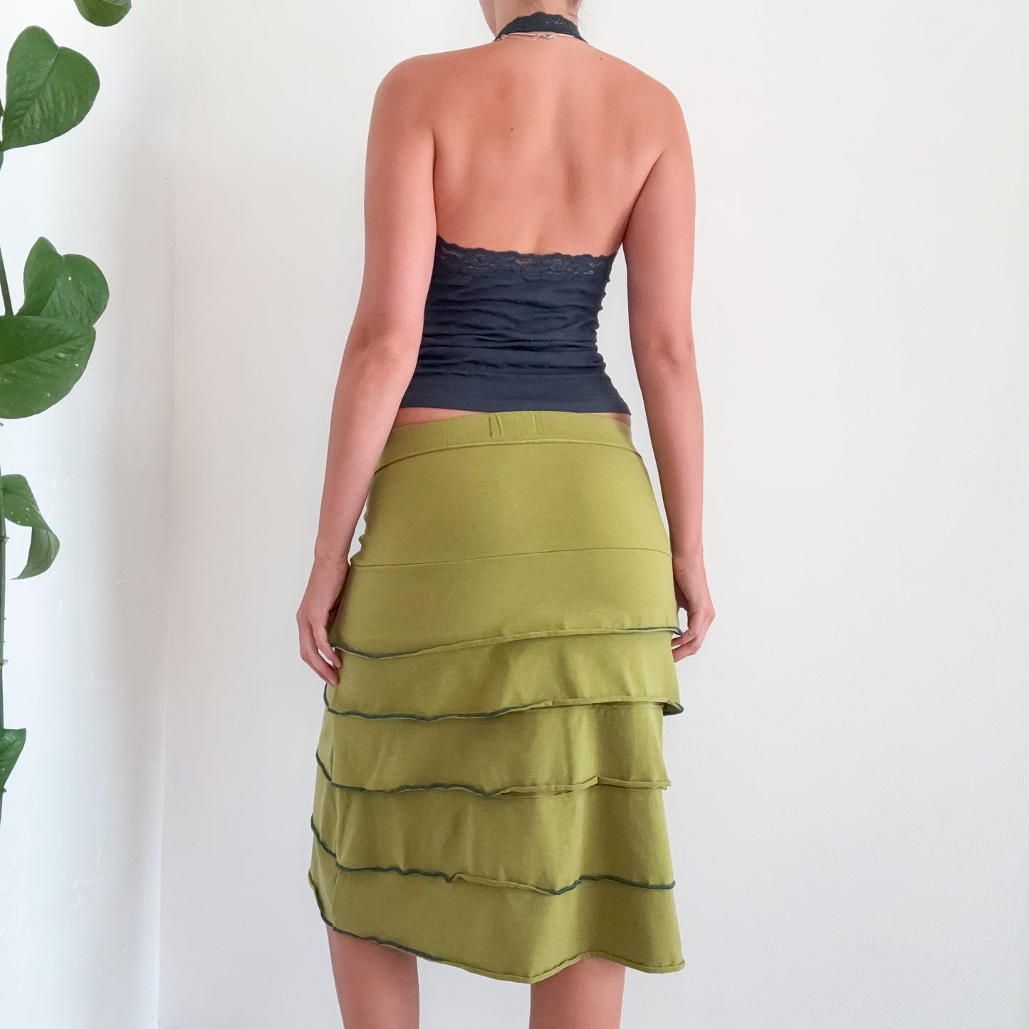 Y2K Avocado Green Tiered Midi Skirt / SZ S
