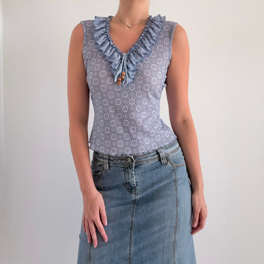 Y2K Blue Printed Mesh Ruffle Top / SZ M