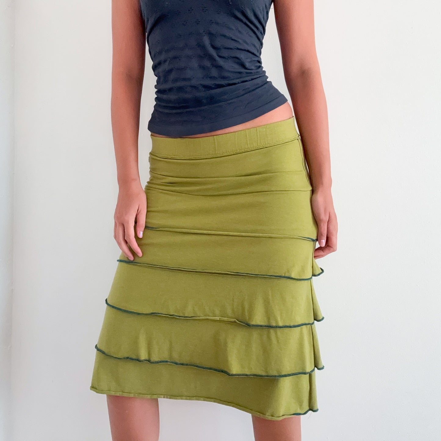 Y2K Avocado Green Tiered Midi Skirt / SZ S