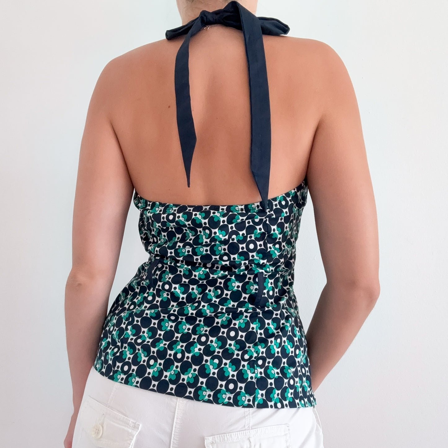 Y2K Navy & Green Printed Halter Top / SZ M