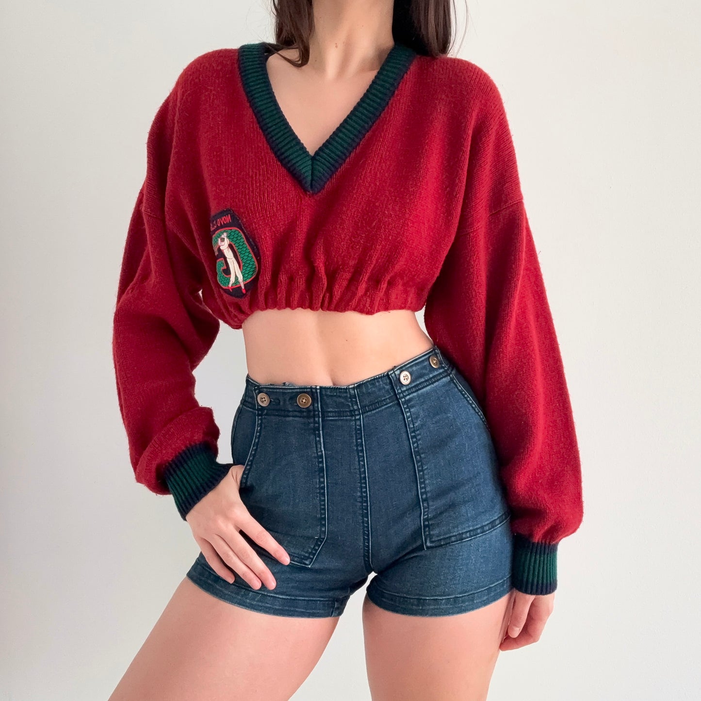 90's Burgundy Sweater Knit Crop Top / SZ XS-M