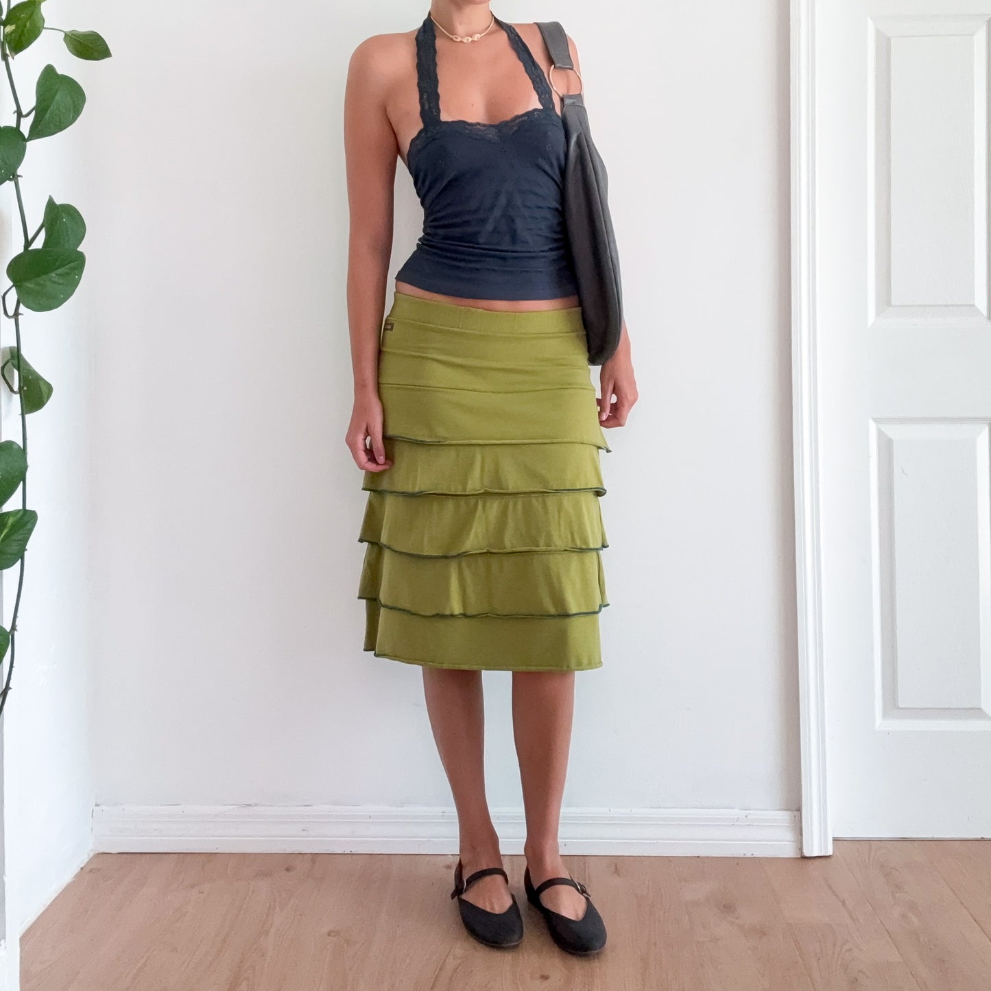 Y2K Avocado Green Tiered Midi Skirt / SZ S