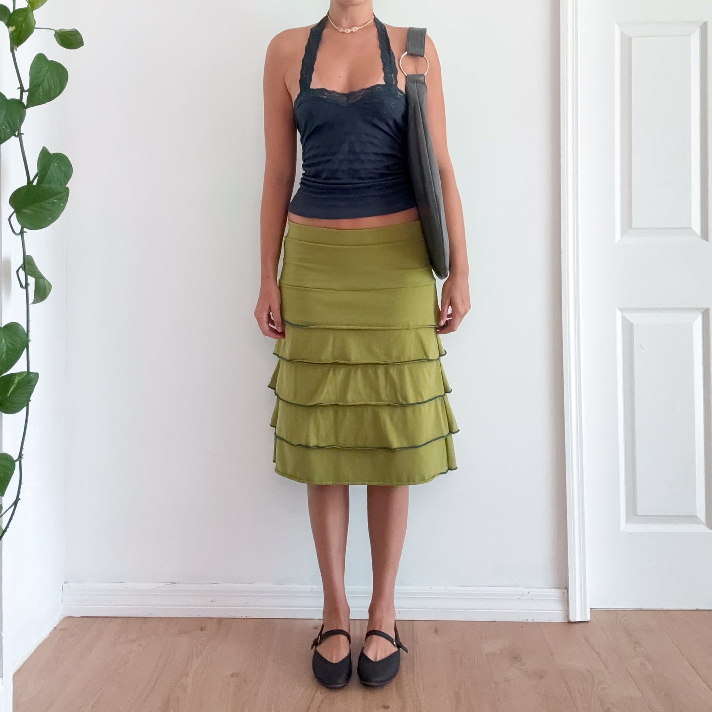 Y2K Avocado Green Tiered Midi Skirt / SZ S
