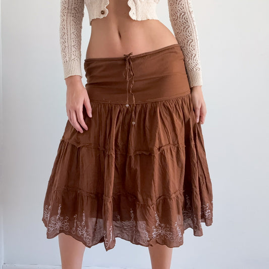 Y2K Light Brown Embroidered Midi Skirt / SZ L