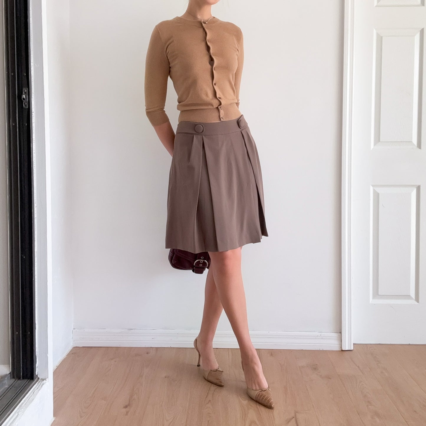 Y2K Light Brown Pleated Midi Skirt / SZ 4/6