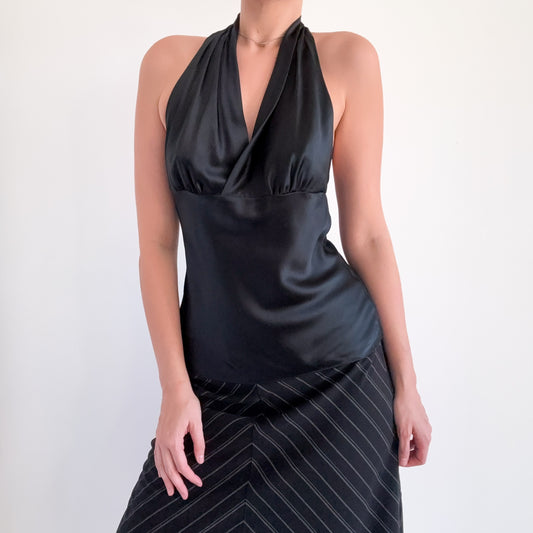 Y2K Black Silk Halter Top / SZ M