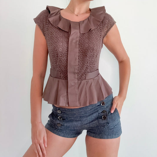 Y2K Brown Eyelet Pleated Short Sleeve Jacket / SZ 6