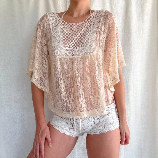 Y2K Cream Lace Crochet Poncho Top / SZ M-L