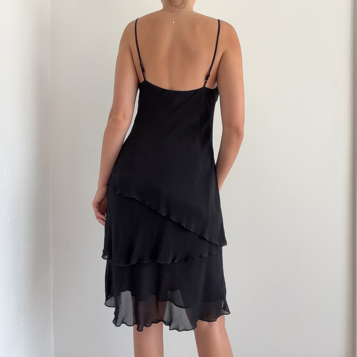90's Black Rayon Chiffon Layered Dress / SZ M