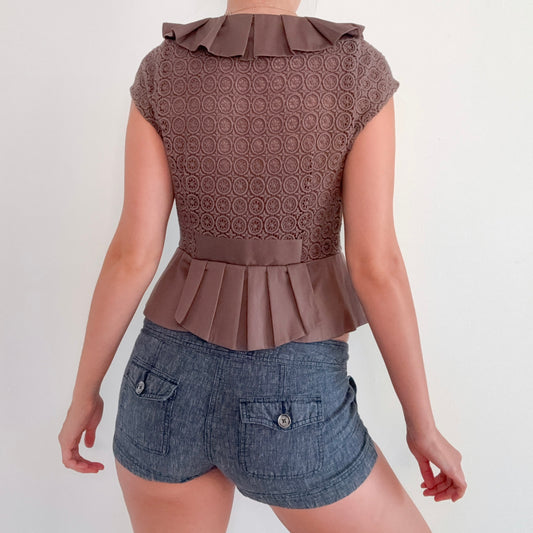 Y2K Brown Eyelet Pleated Short Sleeve Jacket / SZ 6