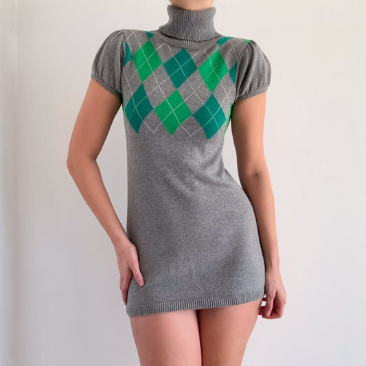 Y2K Grey & Green Argyle Knit Mini Dress / SZ S/M