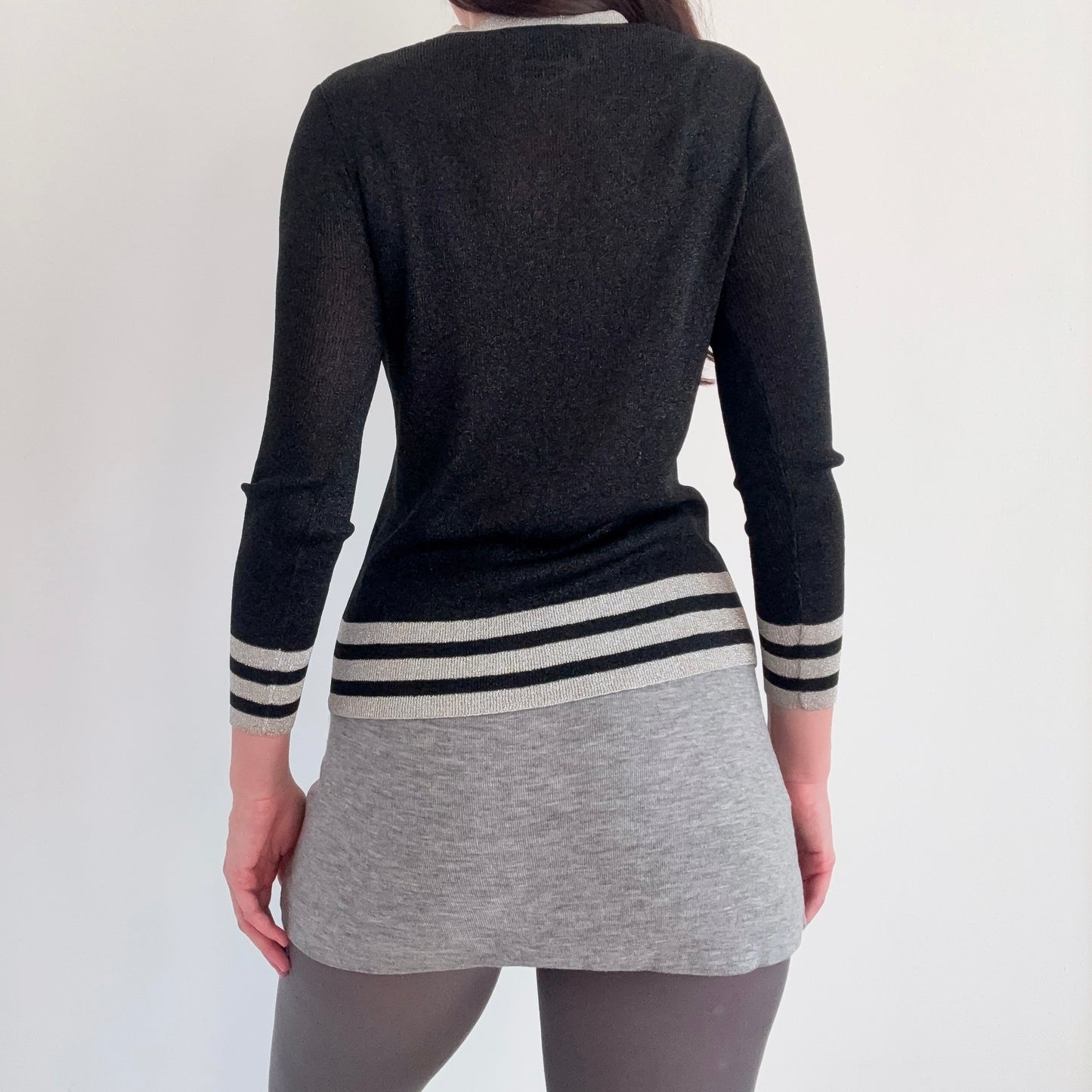 70's Black & Silver Metallic Varsity Sweater / SZ M