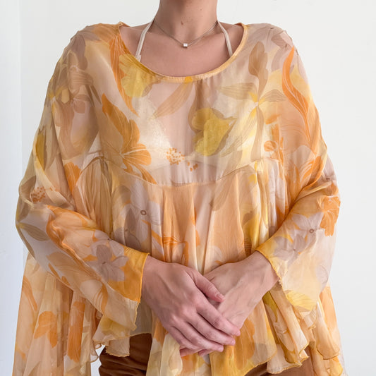 Italian Orange & Yellow Floral Silk Poncho Top / One Size