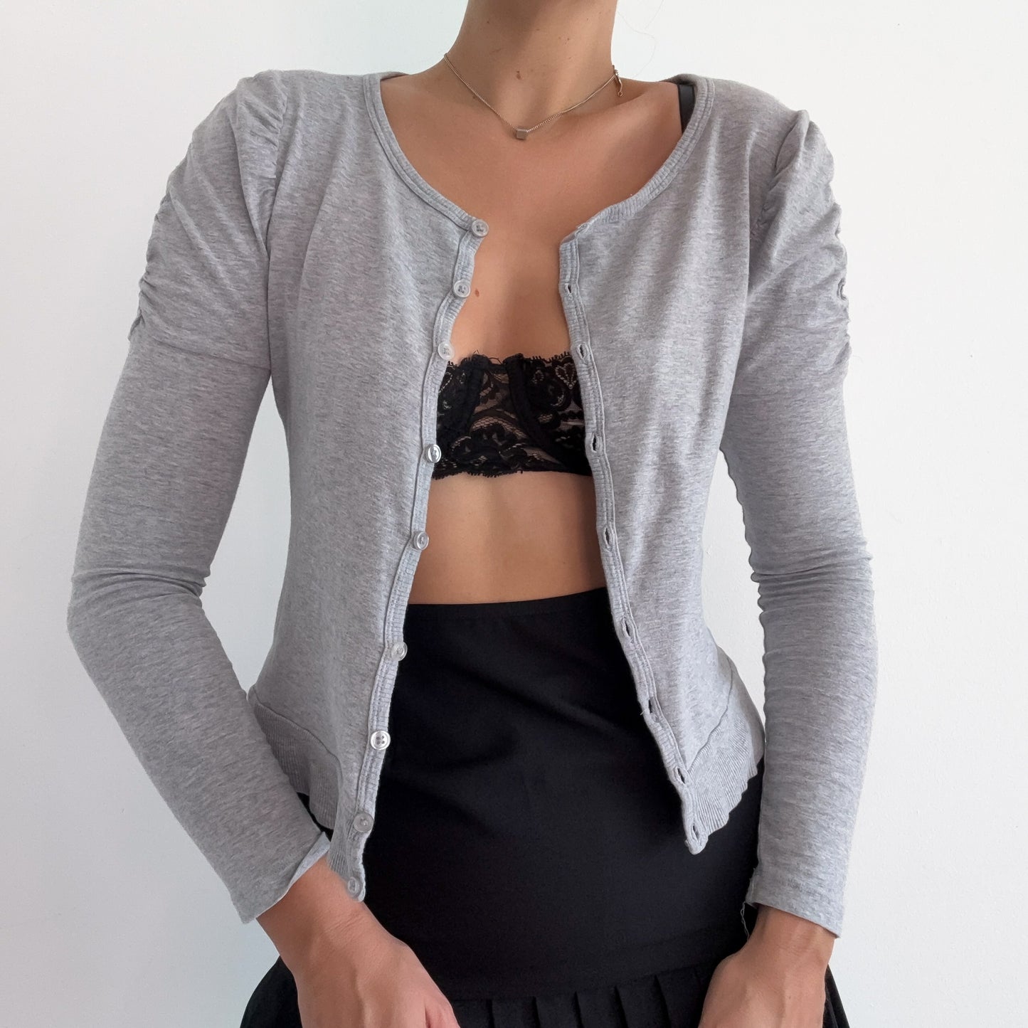 Y2K Grey Cotton Puff Sleeve Cardigan / SZ S/M