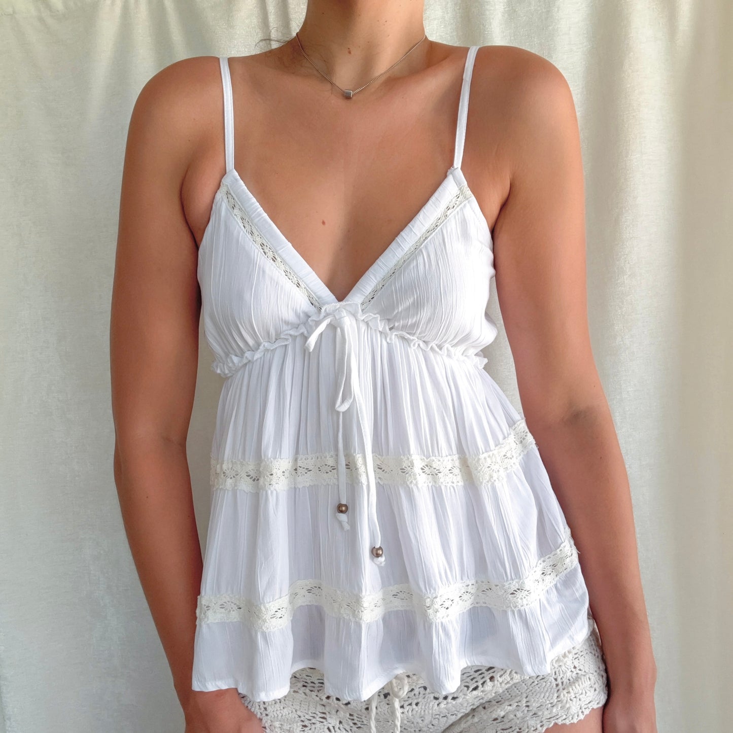 Y2K White Rayon Crochet Tank / SZ S
