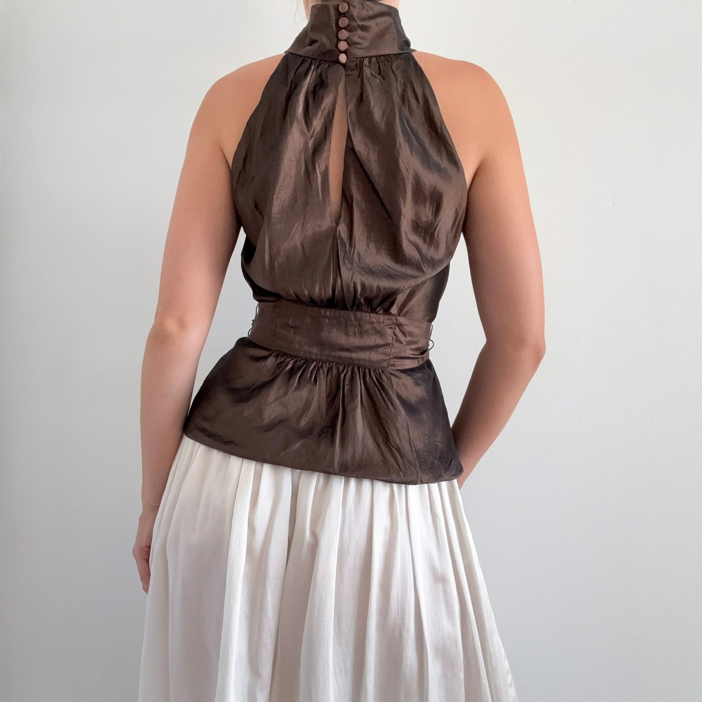 90's Brown Silk Taffeta Tie Blouse / SZ M