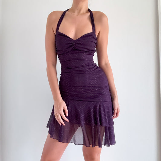 Y2K Purple Glitter Dot Halter Dress / SZ S