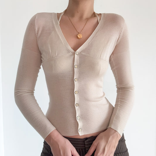 Y2K Cream Knit Fitted Cardigan / SZ XS-S