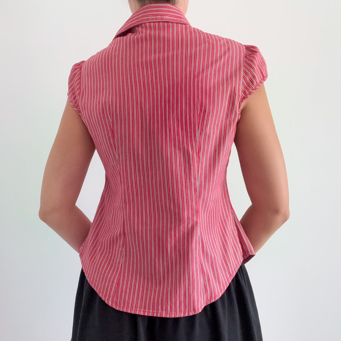 Y2K Red Cotton Striped Button Blouse / SZ M