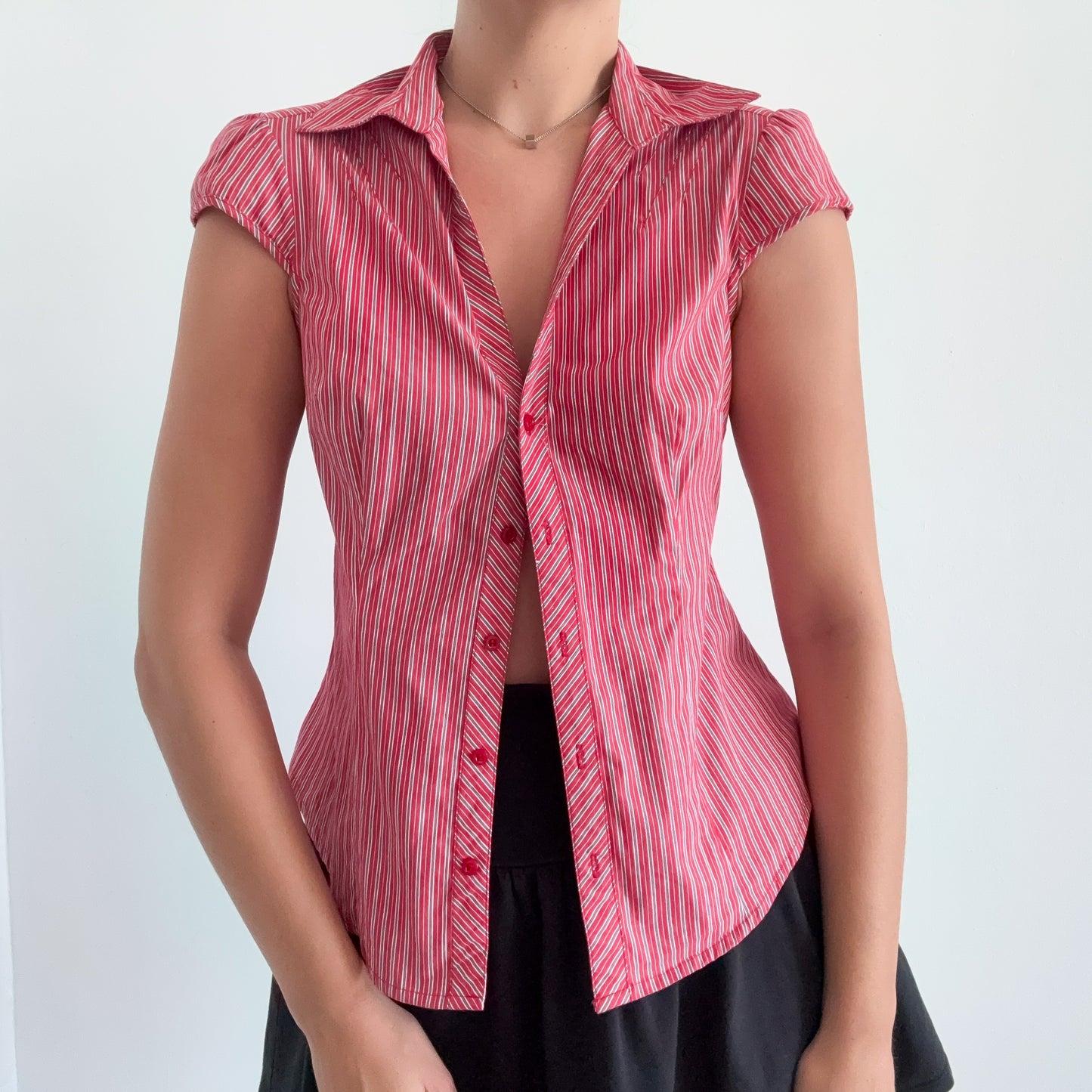 Y2K Red Cotton Striped Button Blouse / SZ M