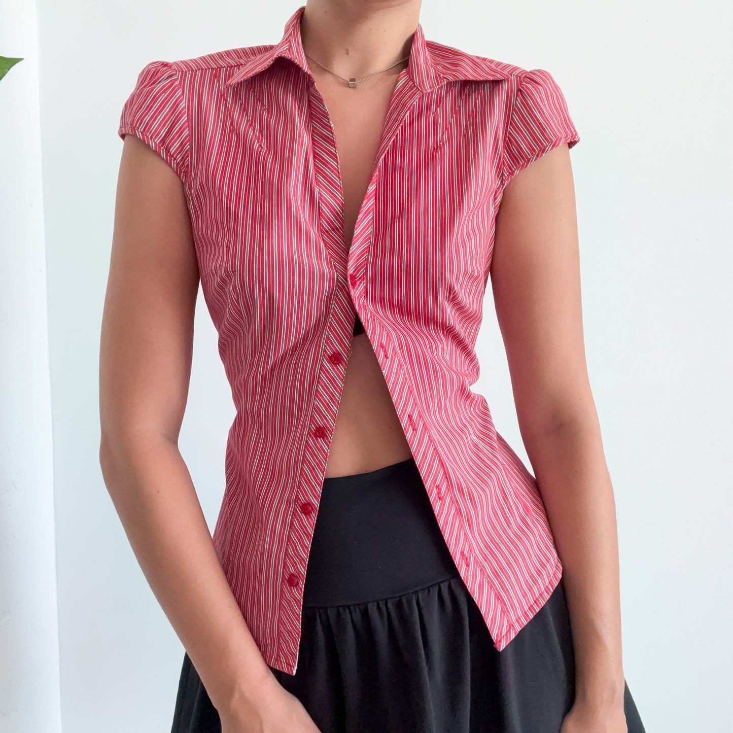 Y2K Red Cotton Striped Button Blouse / SZ M