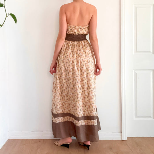 2010's Beige & Brown Printed Silk Maxi Dress / SZ 6