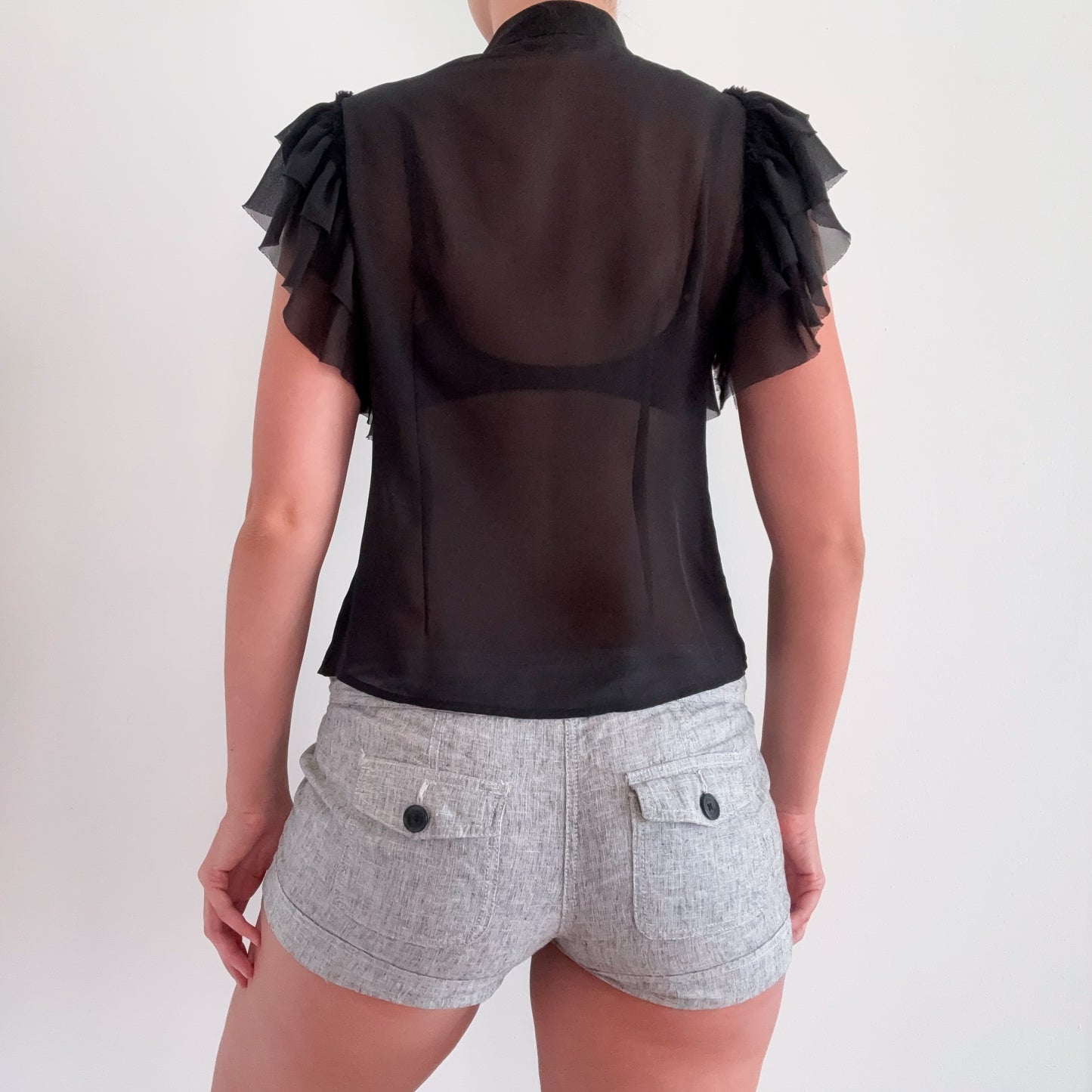 Y2K Black Chiffon Ruffle Tie Blouse / SZ M
