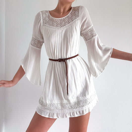 Y2K White Cotton Knit Belted Mini Dress / SZ S