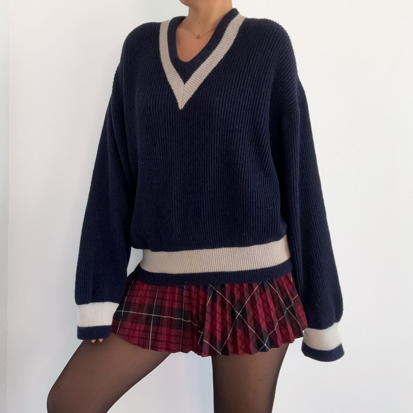 60's Navy Varsity Wool Knit Sweater / SZ L-XL