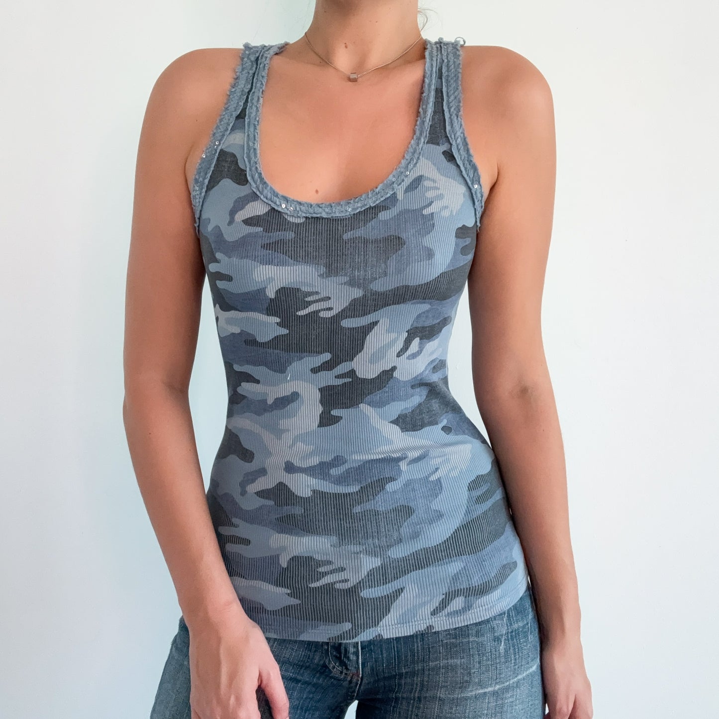 Y2K Italian Blue Camo Sequin Tank / SZ S