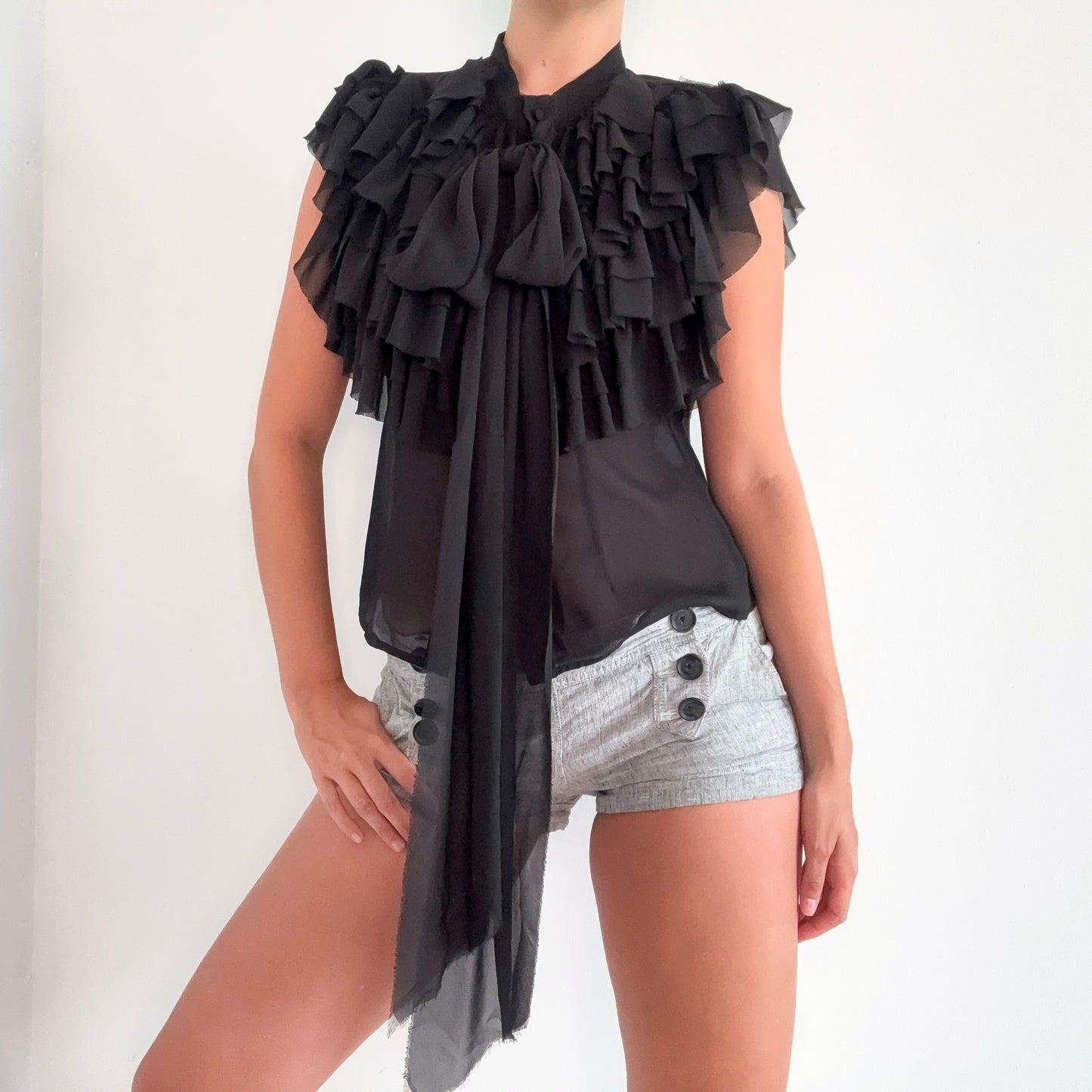 Y2K Black Chiffon Ruffle Tie Blouse / SZ M