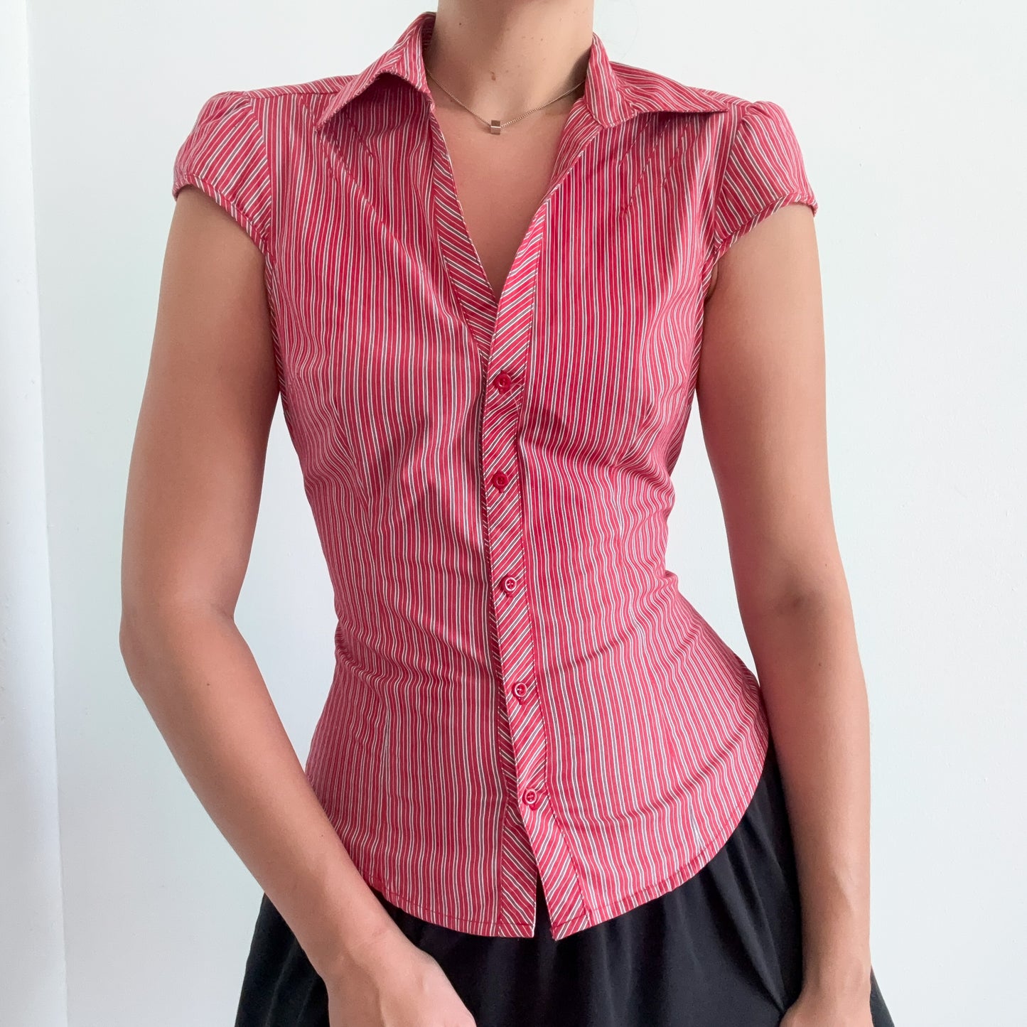 Y2K Red Cotton Striped Button Blouse / SZ M