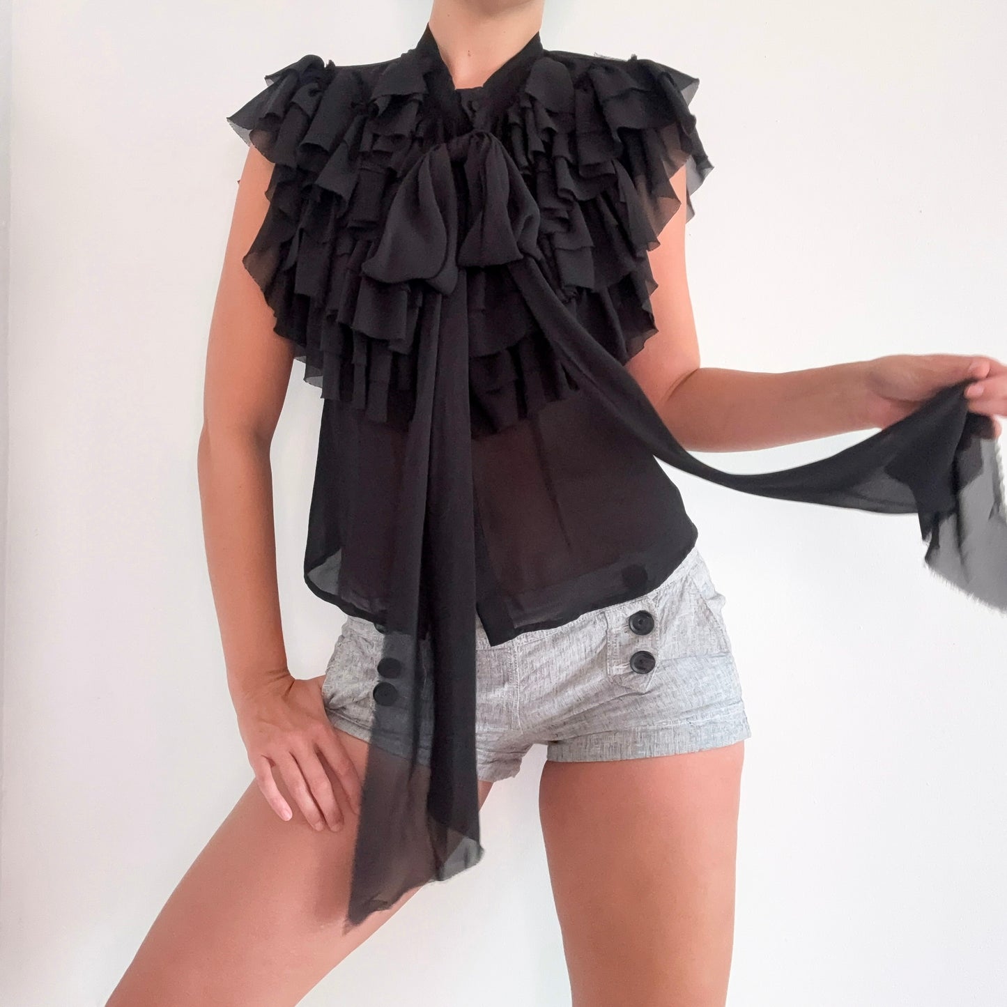 Y2K Black Chiffon Ruffle Tie Blouse / SZ M