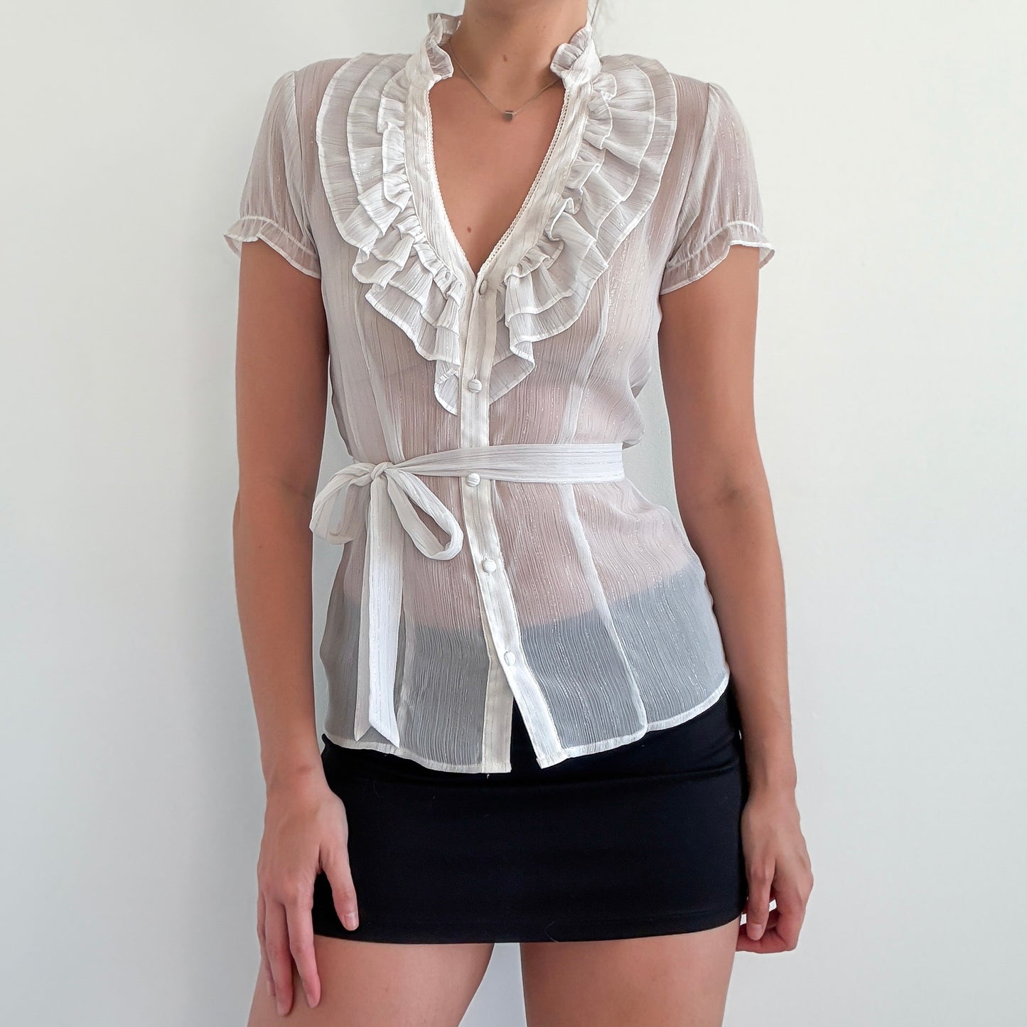 Y2K White & Silver Metallic Ruffle Blouse / SZ S