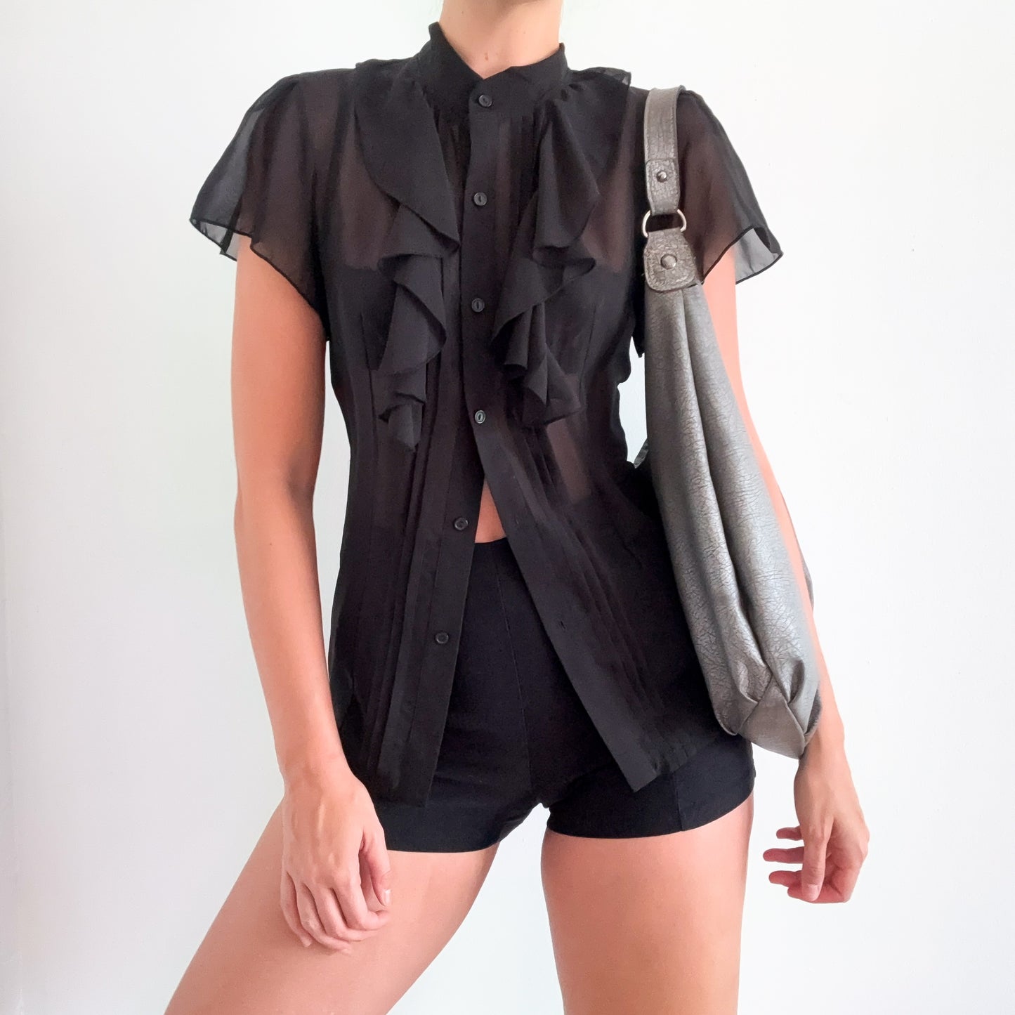 Norma Kamali Black Chiffon Ruffle Blouse / SZ S