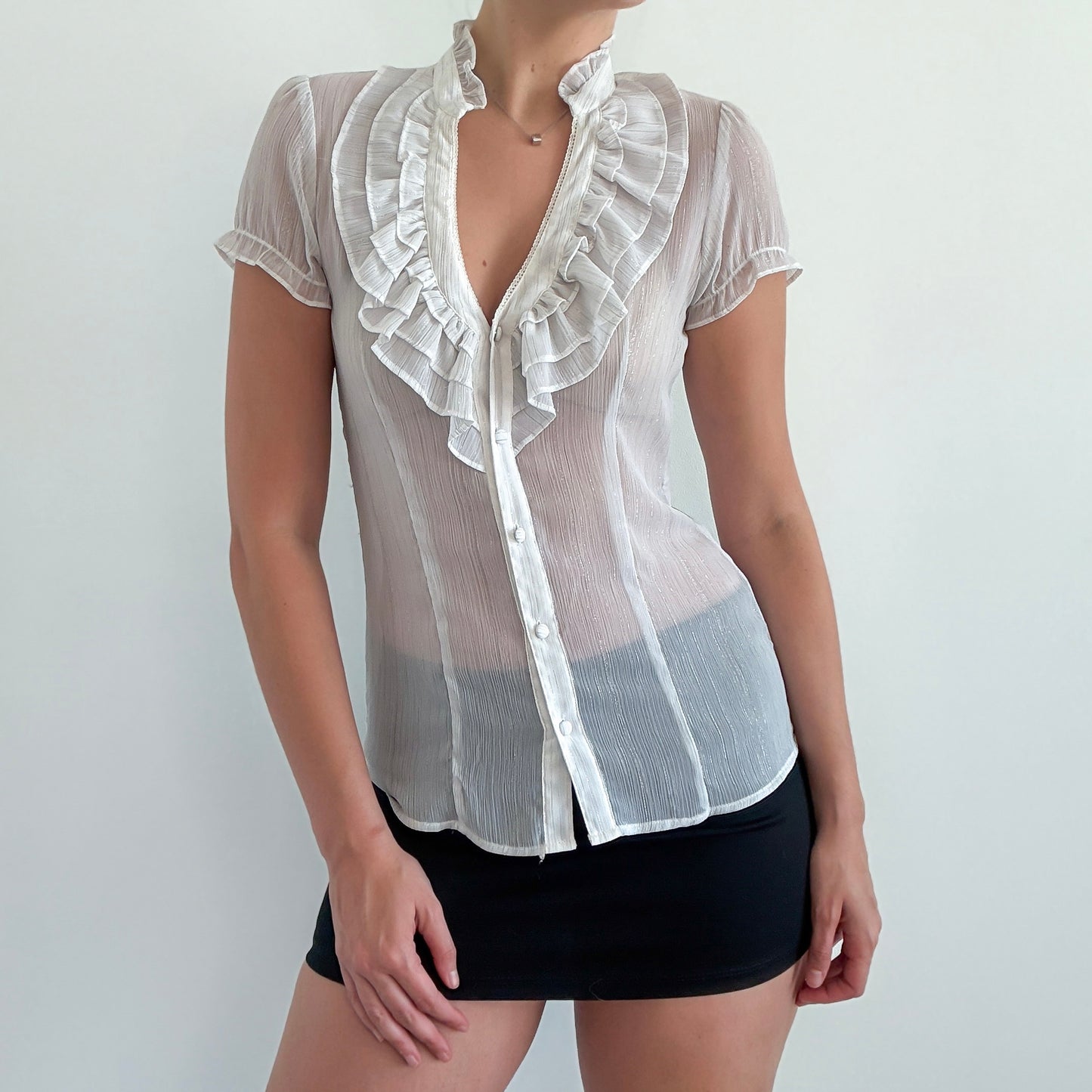 Y2K White & Silver Metallic Ruffle Blouse / SZ S