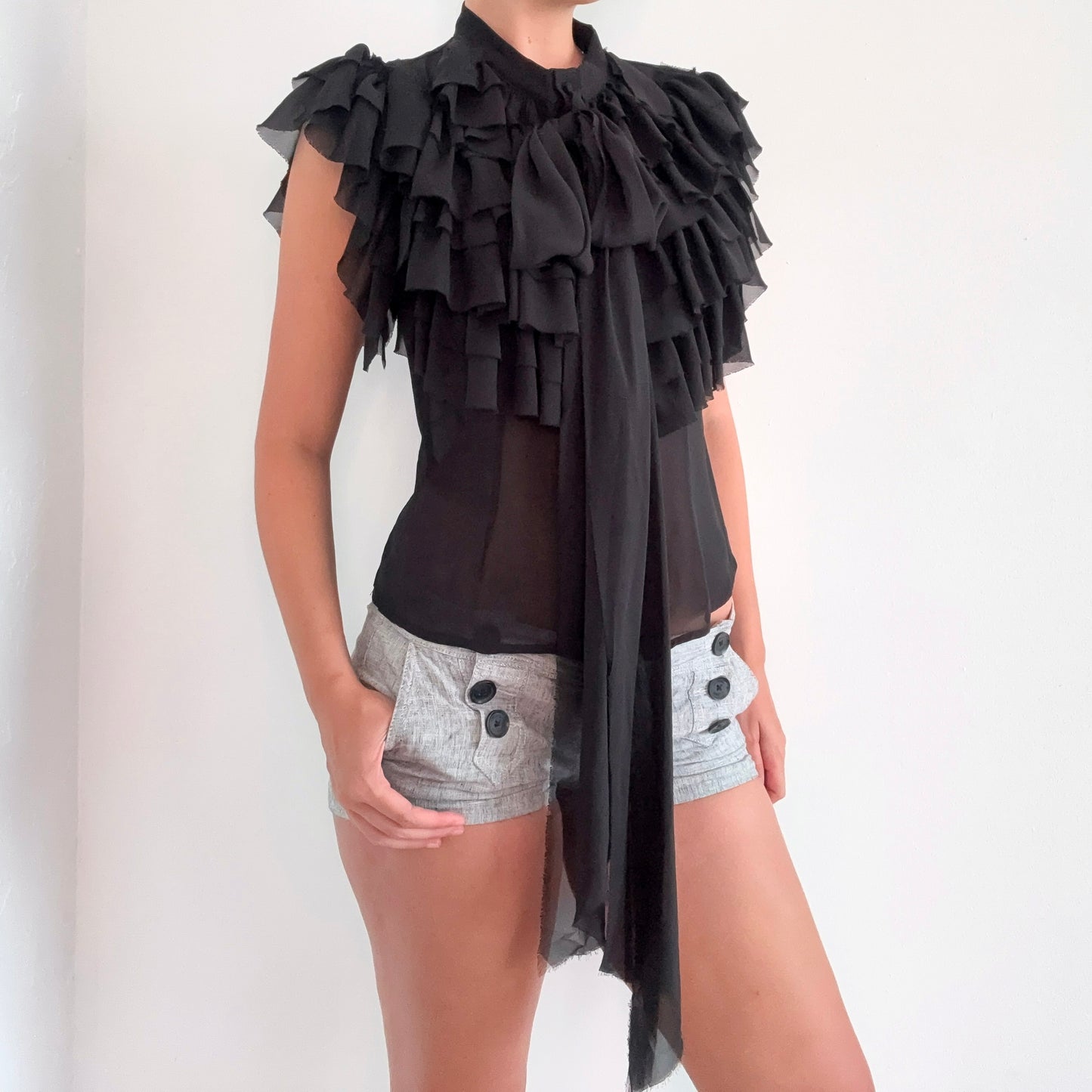 Y2K Black Chiffon Ruffle Tie Blouse / SZ M