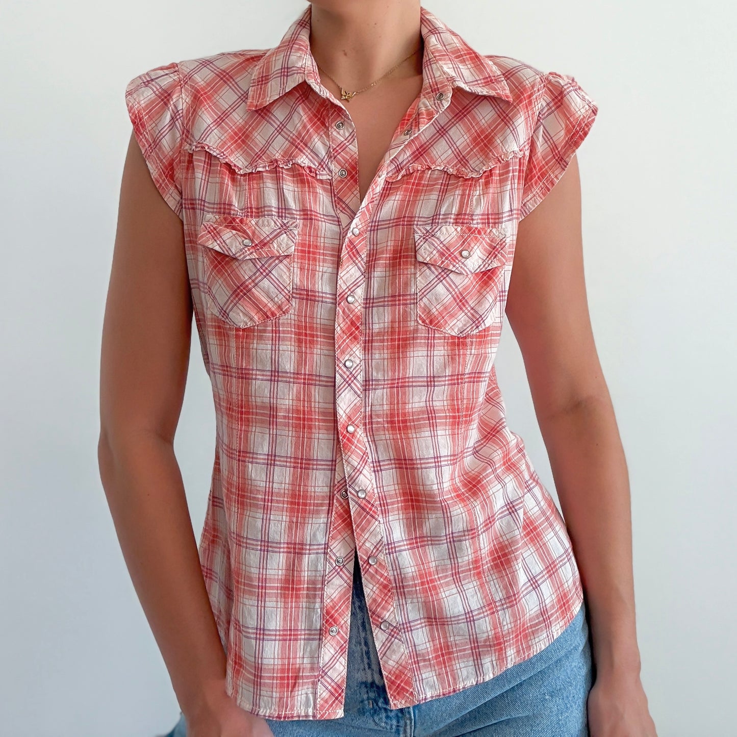 Y2K Mudd Coral Plaid Western Blouse / SZ M/L