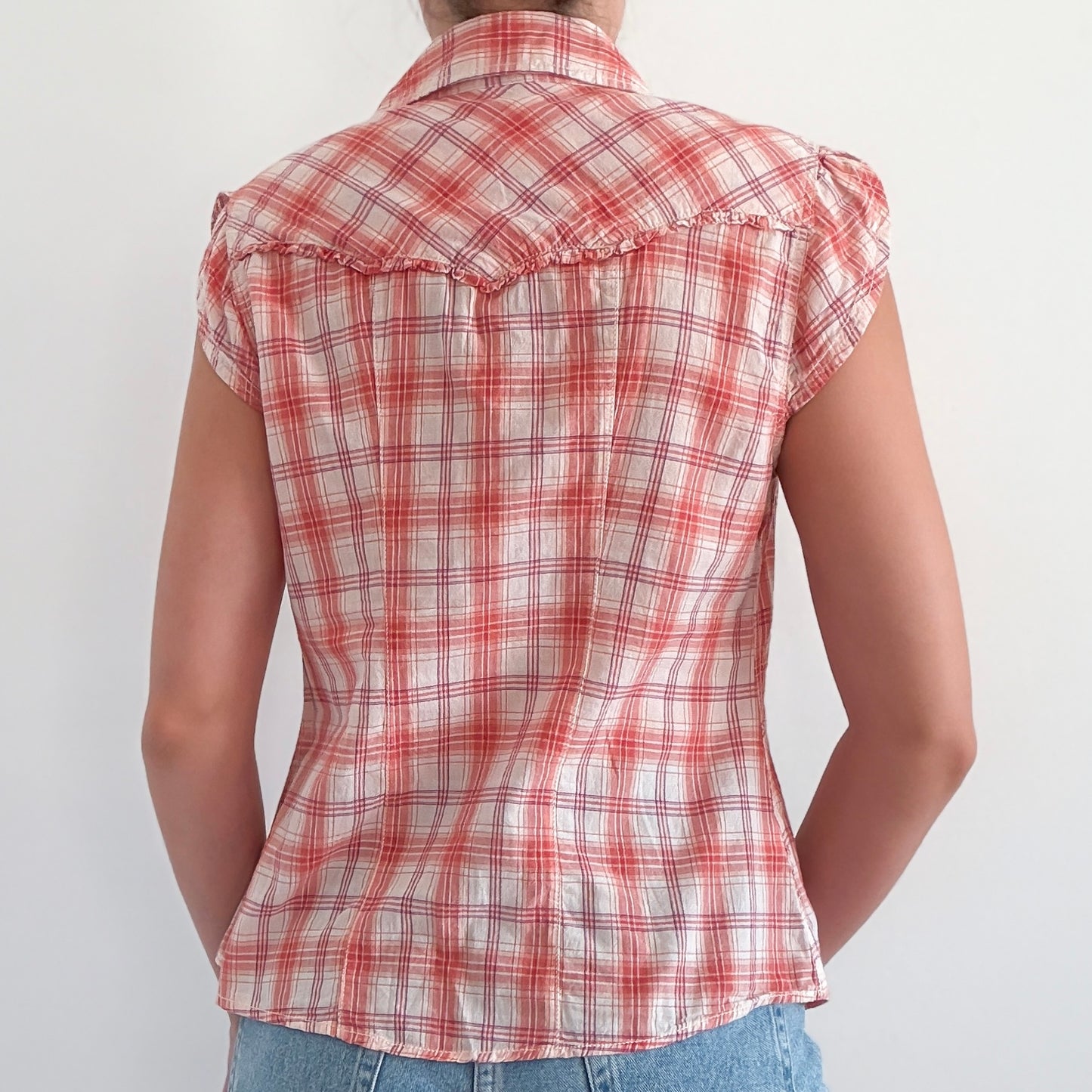 Y2K Mudd Coral Plaid Western Blouse / SZ M/L
