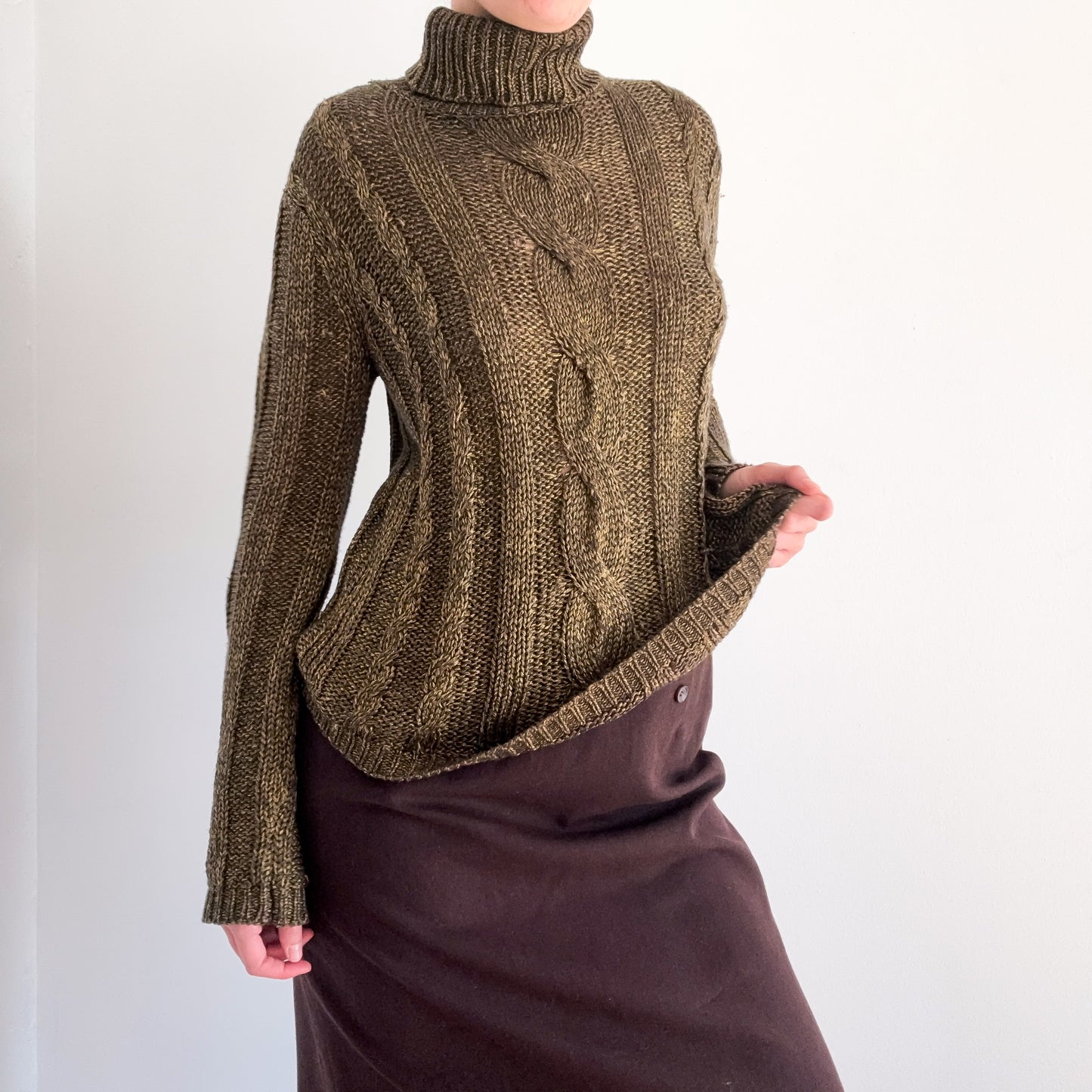 Y2K Olive & Gold Metallic Knit Sweater / SZ M