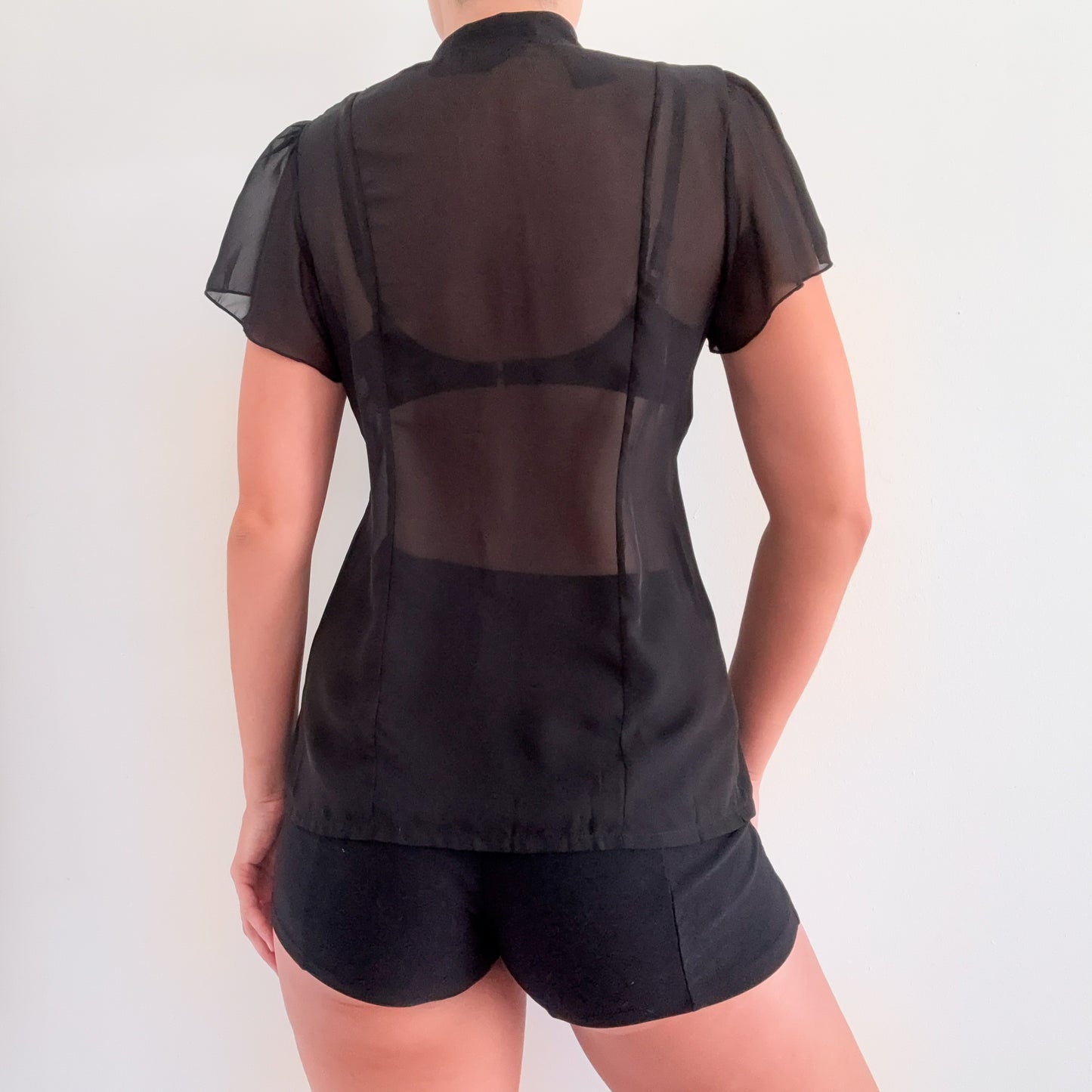 Norma Kamali Black Chiffon Ruffle Blouse / SZ S